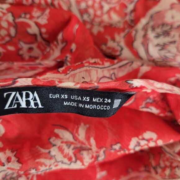 Zara XS dress elastic waist lining sheer longsleeve button elastic waist red - Picture 10 of 12